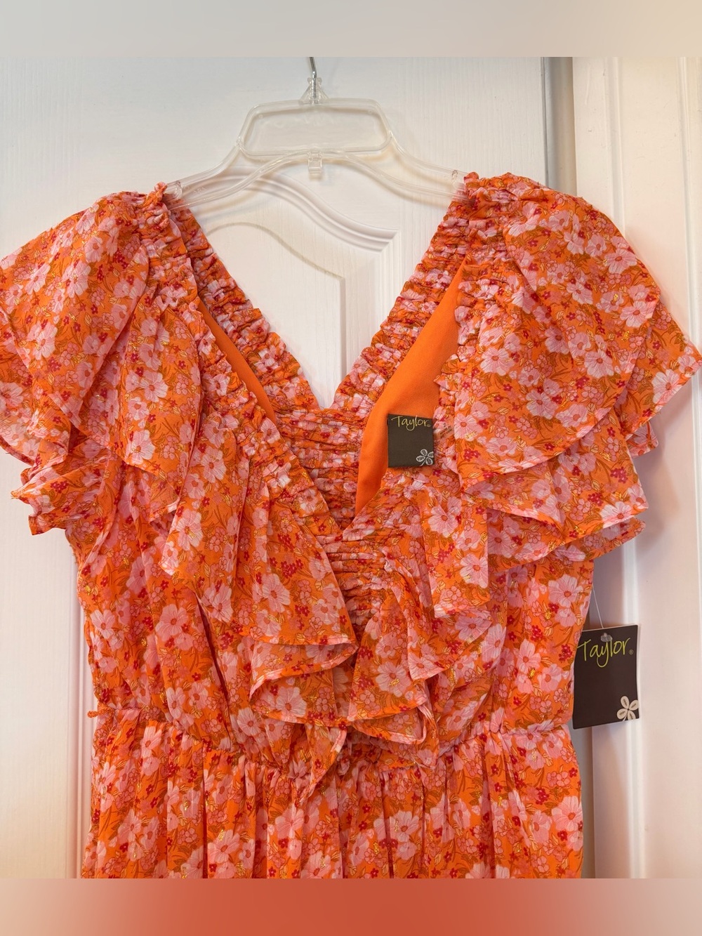 Taylor Orange Floral Ruffle V-Neck Maxi Dress NWT